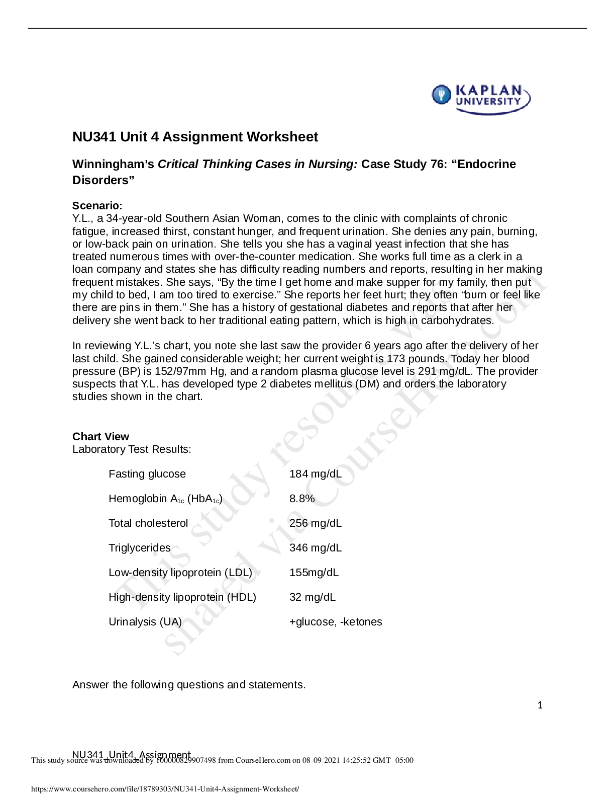Preview image for NU341 Unit 4 Assignment Worksheet Winningham’s Critical Thinking Cases in Nursing: Case Study 76: “Endocrine Disorders